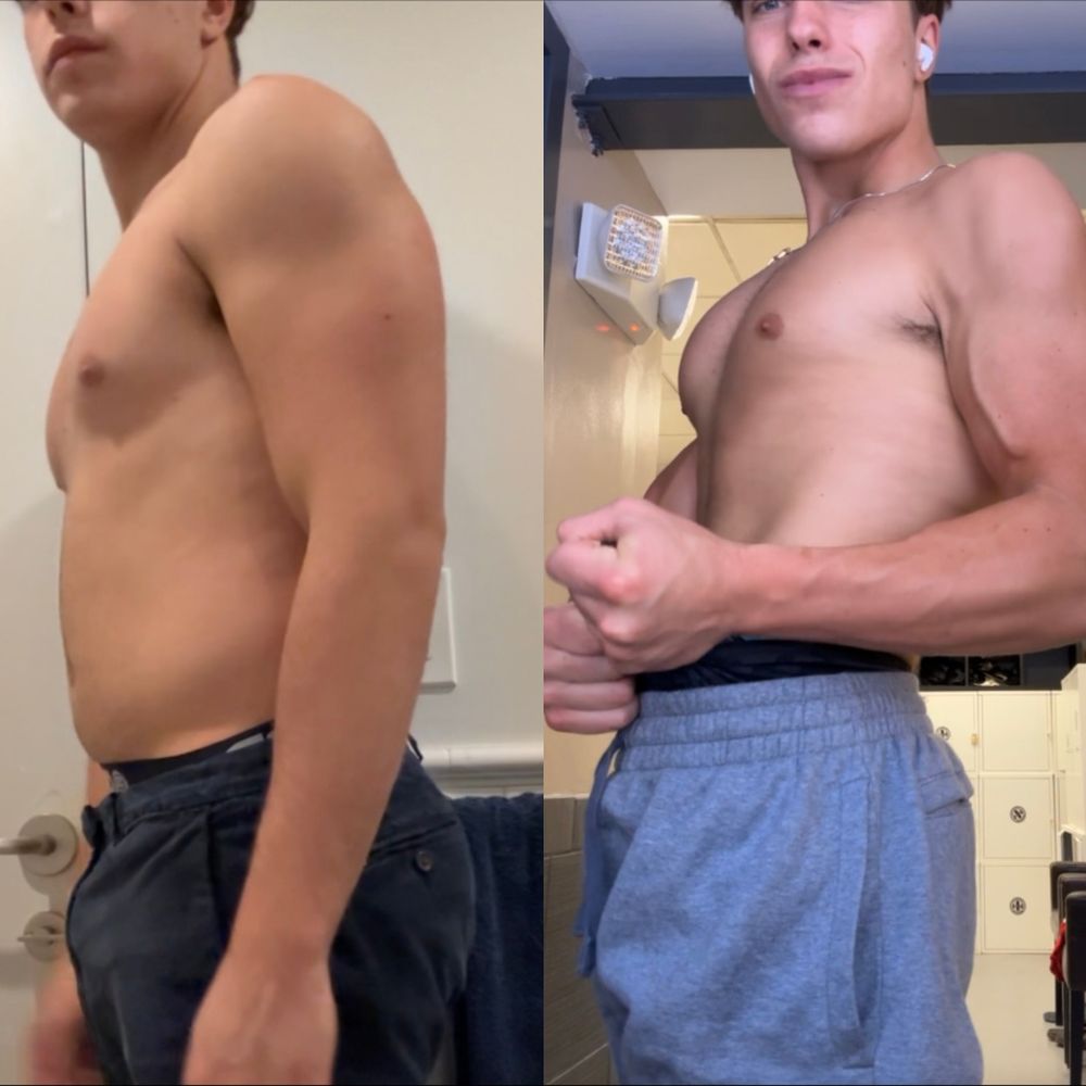Apex 1:1 client James before and after in side profile: tighter midsection, bigger arms.