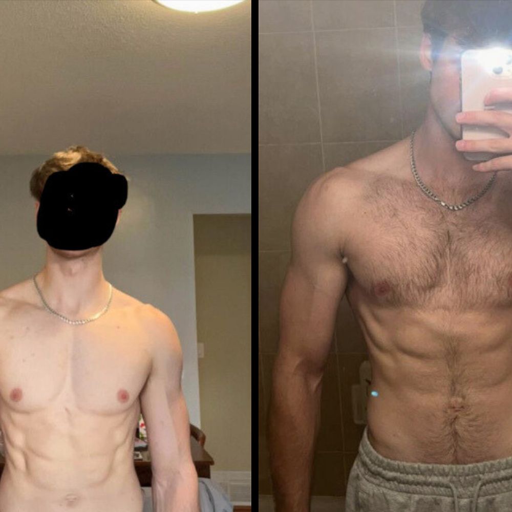 Apex 1:1 client Nick before and after: fuller chest and arms with visible abs.