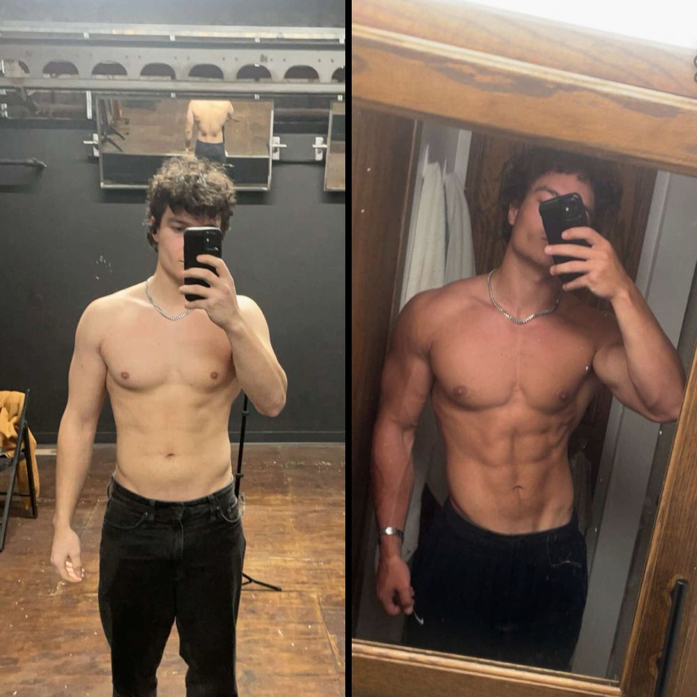 Apex 1:1 client Tristan before and after: visibly leaner and more muscular.