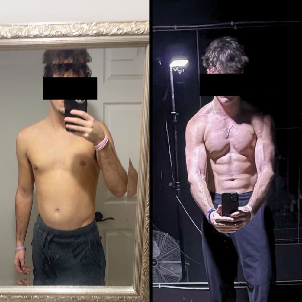 Apex 1:1 client Walker before and after: visible abs and defined shoulders.